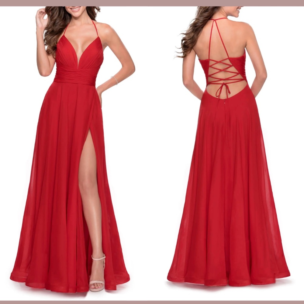 NWT $398 La Femme [‎ 12 ] Strappy Back Chiffon Gown in Red